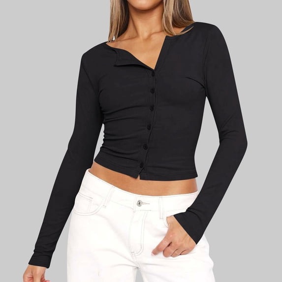 Womens Long Sleeve Tops Fall Lightweight Cardigan Cropped Going Out Shirts Ribbed Button Down Cute Trendy 2025 Black S