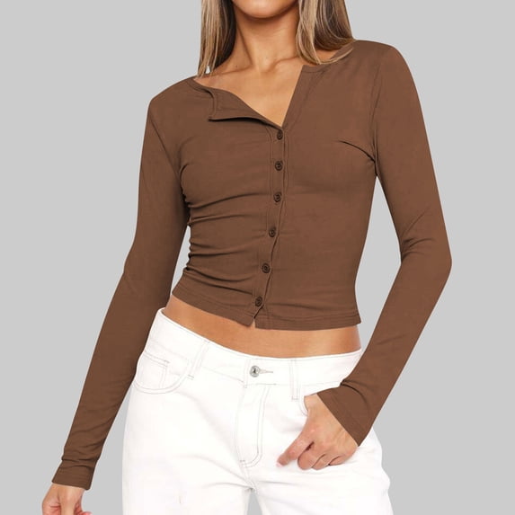 Womens Long Sleeve Tops Fall Lightweight Cardigan Cropped Going Out Shirts Ribbed Button Down Cute Trendy 2025 Coffee M