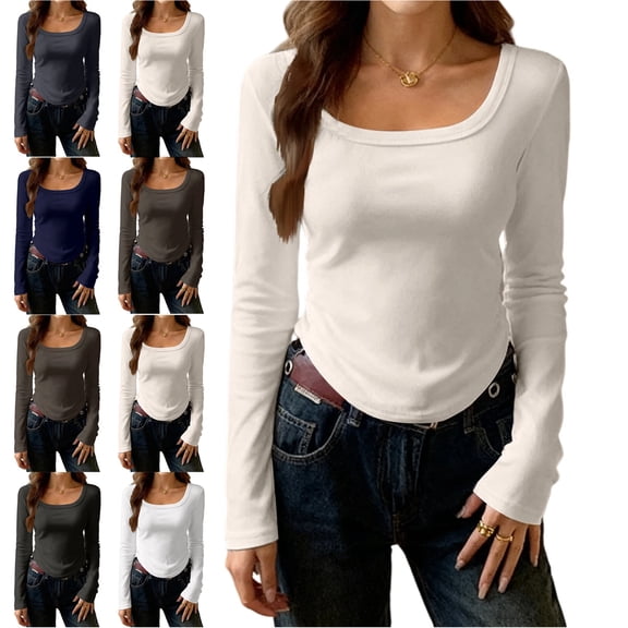 Womens Long Sleeve Tops Fall Scoop Neck Ribbed Knit Shirts Slim Fitted Casual Basic Tee T Shirt for Women 2025 Beige M