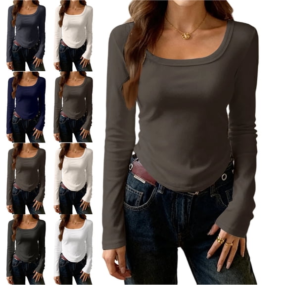 Womens Long Sleeve Tops Fall Scoop Neck Ribbed Knit Shirts Slim Fitted Casual Basic Tee T Shirt for Women 2025 Coffee L