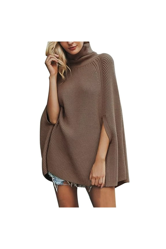 Womens Long Sleeve Tops Light Sweaters for Women's Knitted Turtleneck Sweater Cape Style Poncho Coat