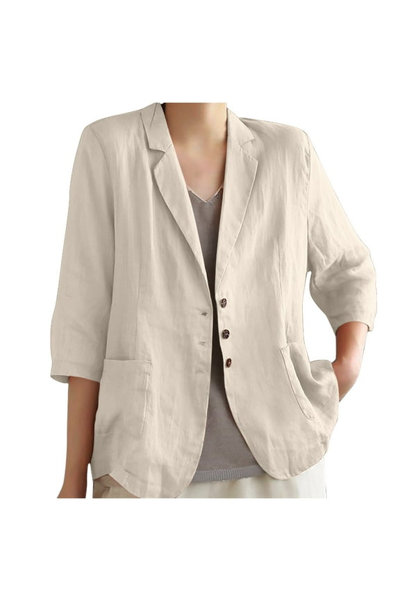 Womens Long Sleeve Tops, Linen Blazer Women 3/4 Sleeve Lightweight Spring Summer Blazer Jackets