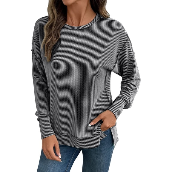 Womens Long Sleeve Tops Long Sleeve Shirts Spring Fall Ribbed Loose Fit Oversized Sweatshirts Casual Side Slit Tops T Shirts For Women