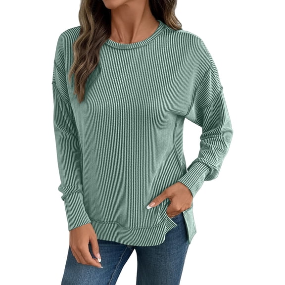 Womens Long Sleeve Tops Long Sleeve Shirts Spring Fall Ribbed Loose Fit Oversized Sweatshirts Casual Side Slit Tops T Shirts For Women