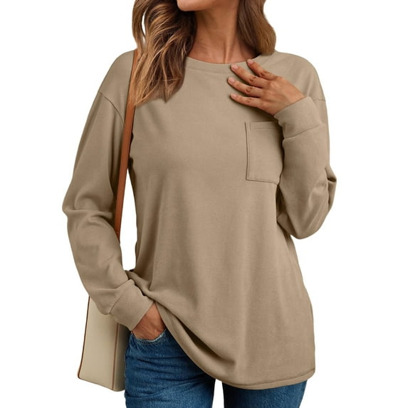 Womens Long Sleeve Tops Loose Fit Fall Cute Thick T Shirts Winter Cruise Outfits Trendy Clothes Khaki L