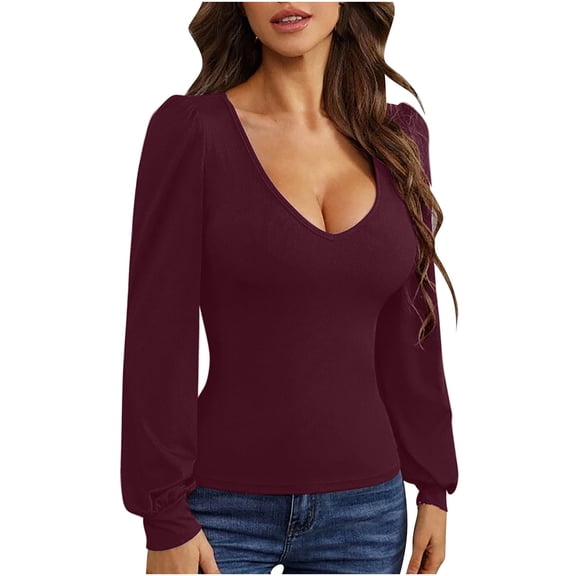 Womens Long Sleeve Tops Low Cut V Neck Shirt Ribbed Knit Slim Fit Top Henley T Shirts Scoop Neck Ribbed Knit Shirts Tee Womens Clothing Cheap