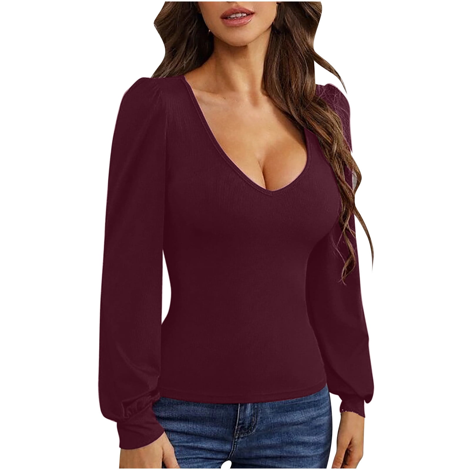 Womens Long Sleeve Tops Low Cut V Neck Shirt Ribbed Knit Slim Fit Top