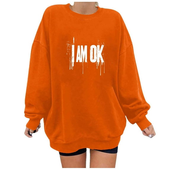 Womens Long Sleeve Tops Ndbuld Women's Printed Off Shoulder Hoodless Sweatshirt With Round Neck And Long Sleeved Top Orange 2XL