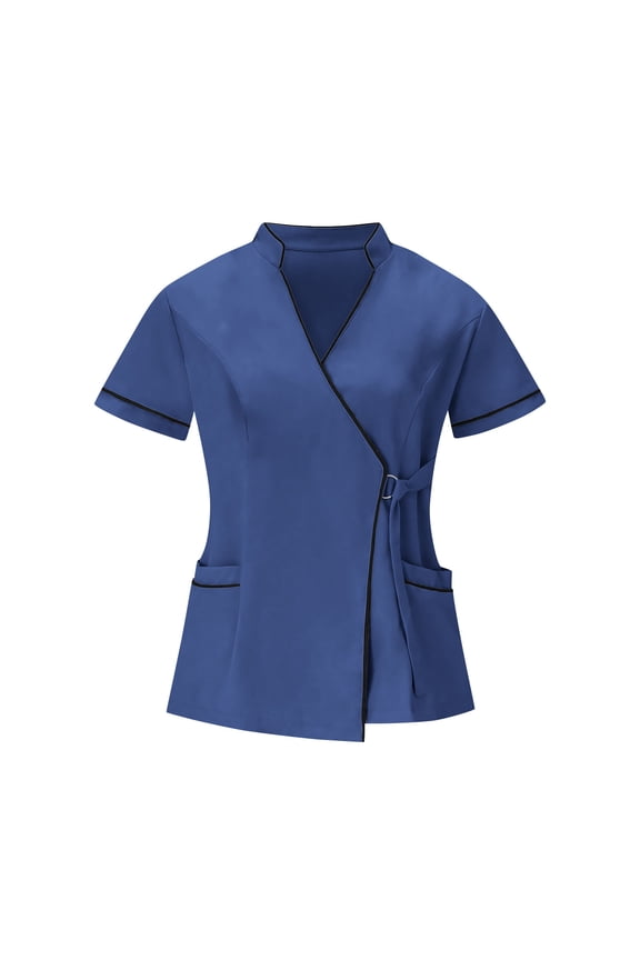 Womens Long Sleeve Tops New Women's Nurses Tunic Uniform Clinic Carer V-Neck Protective Clothing Style B-47 Dark Blue L
