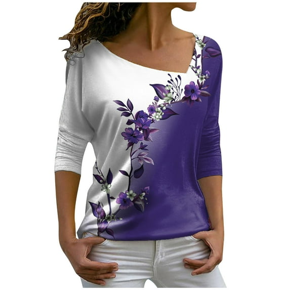 Womens Long Sleeve Tops Pack Clearance Plus Size Clothes Under $5.00 Casual V Neck Long Sleeve Loose Flowers Sweatshirt