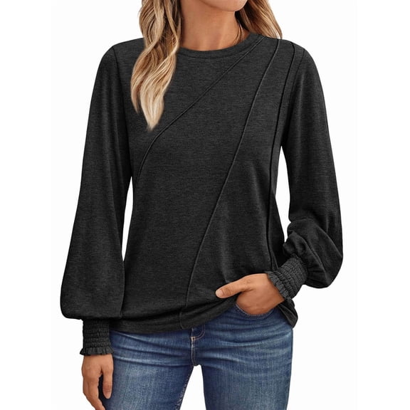 Womens Long Sleeve Tops Pleated Crew Neck Business Casual Blouses Fashion Clothes Black XL