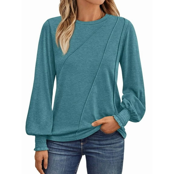 Womens Long Sleeve Tops Pleated Crew Neck Business Casual Blouses Fashion Clothes Blue & Green L