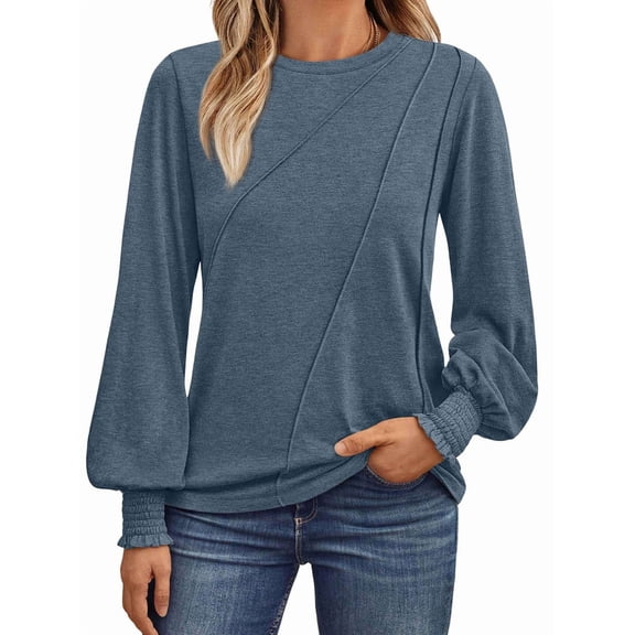 Womens Long Sleeve Tops Pleated Crew Neck Business Casual Blouses Fashion Clothes Blue XL