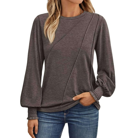 Womens Long Sleeve Tops Pleated Crew Neck Business Casual Blouses Fashion Clothes Coffee Ash L