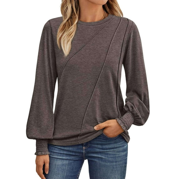 Womens Long Sleeve Tops Pleated Crew Neck Business Casual Blouses Fashion Clothes Coffee Ash L