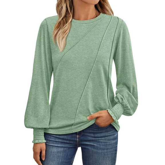 Womens Long Sleeve Tops Pleated Crew Neck Business Casual Blouses Fashion Clothes Light Green M