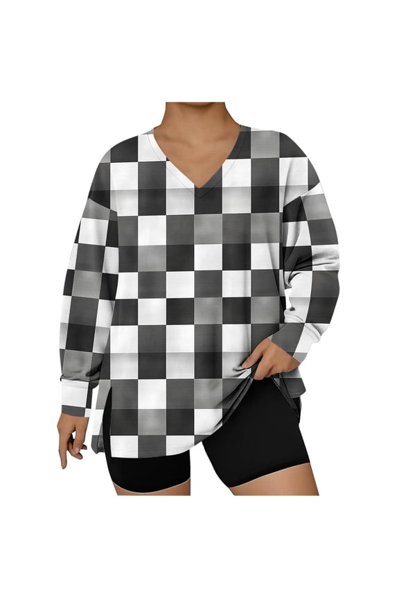 Womens Long Sleeve Tops Plus Size Checkered Print Shirt V Neck Basic Loose Fit Pullover Casual Vintage Tops Womens Spring Fashion 2026