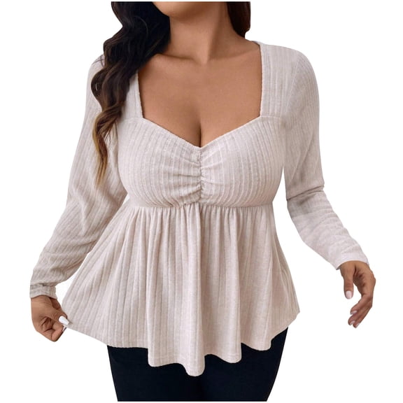 Womens Long Sleeve Tops Plus Size Flowy Peplum Shirts Sweatheart Textured Striped Plain Casual Blouses, White, XL