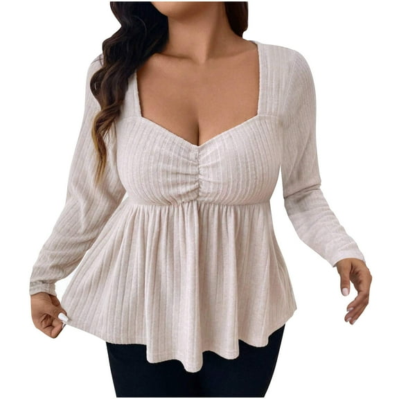 Womens Long Sleeve Tops Plus Size Flowy Peplum Shirts Sweatheart Textured Striped Plain Casual Blouses, White, XXXL