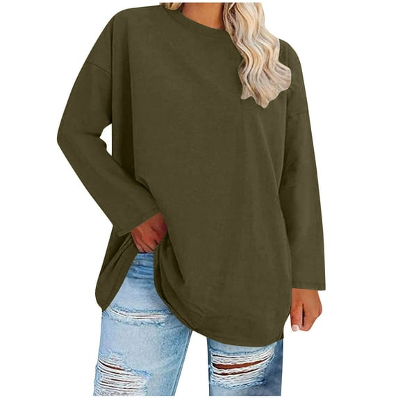 Womens Long Sleeve Tops Plus Size Loose Fit T Shirts Round Neck Casual Solid Color Top Comfy Basic Clothes Spring Tops for Women 2026