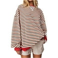 thumbnail image 1 of Womens Long Sleeve Tops Plus Size Trendy Round Neck Casual Loose Fall Pullover Striped Color Block Shirt Tees Tops,Red,XL, 1 of 4