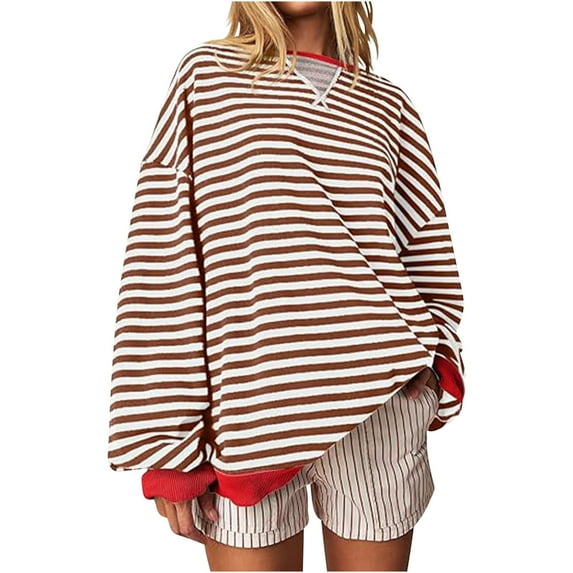 Womens Long Sleeve Tops Plus Size Trendy Round Neck Casual Loose Fall Pullover Striped Color Block Shirt Tees Tops,Red,XL