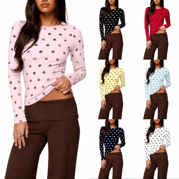 Womens Long Sleeve Tops Polka Dot Crew Neck Slim Fitted Y2K Casual Underscrub Tees