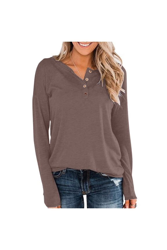 Womens Long Sleeve Tops Polos Shirts V Neck Casual Shirts Button Dressy Trendy Blouses Loose Fit Tunic Pullover