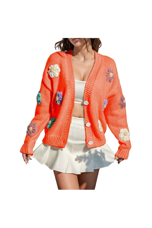 Womens Long Sleeve Tops Ribbed Knit Cardigans Embroidery Applique Button Up Sweater Coat Winter Clothing For Women