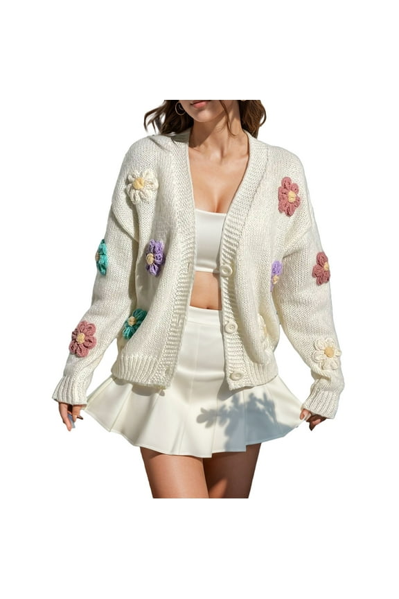 Womens Long Sleeve Tops Ribbed Knit Cardigans Embroidery Applique Button Up Sweater Coat Winter Clothing For Women