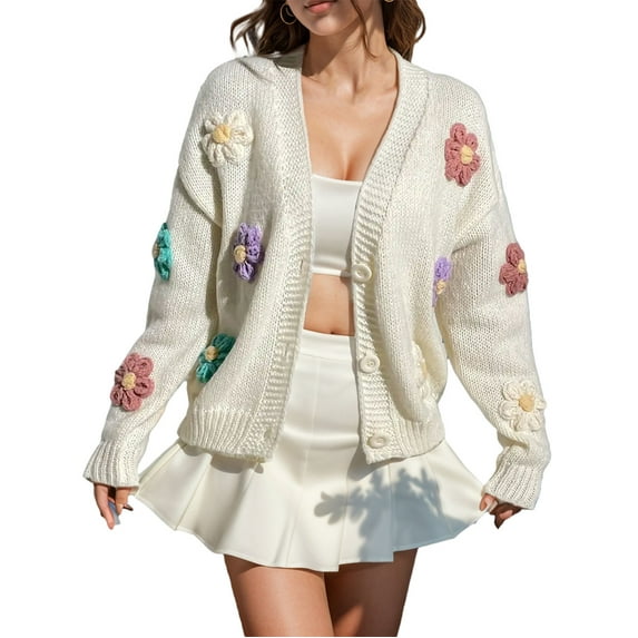 Womens Long Sleeve Tops Ribbed Knit Cardigans Embroidery Applique Button Up Sweater Coat Winter Clothing For Women