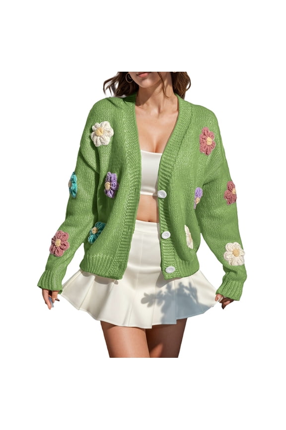 Womens Long Sleeve Tops Ribbed Knit Cardigans Embroidery Applique Button Up Sweater Coat Winter Clothing For Women