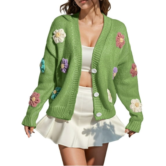 Womens Long Sleeve Tops Ribbed Knit Cardigans Embroidery Applique Button Up Sweater Coat Winter Clothing For Women