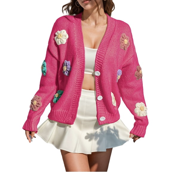 Womens Long Sleeve Tops Ribbed Knit Cardigans Embroidery Applique Button Up Sweater Coat Winter Clothing For Women