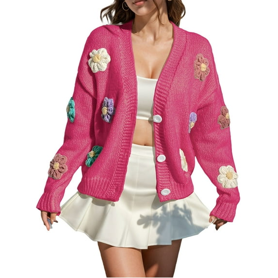 Womens Long Sleeve Tops Ribbed Knit Cardigans Embroidery Applique Button Up Sweater Coat Winter Clothing For Women