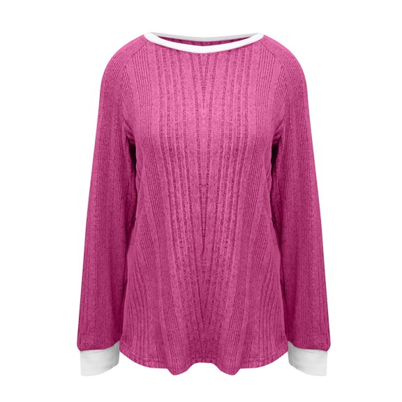 Womens Long Sleeve Tops Ribbed Stripe Contrast Crewneck Warm Fall Spring Trendy Tops