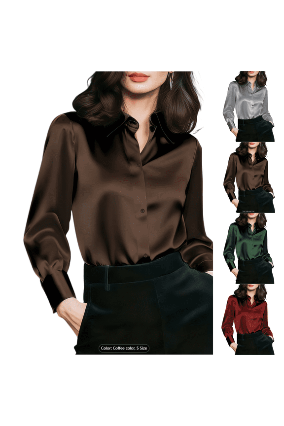 Womens Long Sleeve Tops Satin Silk Button Down Shirts Lghtweight Dress Shirts Work Business Elegant Blouses Brown 2XL