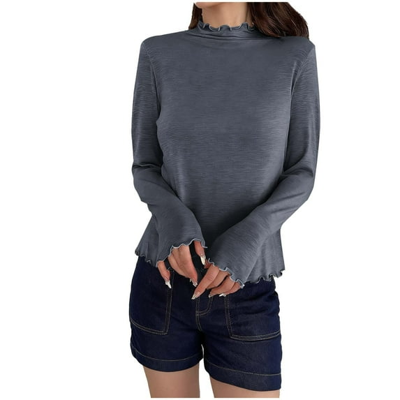 Womens Long Sleeve Tops Scalloped Soft Base Sweaters Mock Neck Casual Pullover Solid Color Spring Fall Clothes (One Size, Dark Gray)