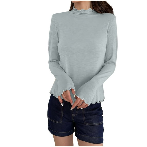 Womens Long Sleeve Tops Scalloped Soft Base Sweaters Mock Neck Casual Pullover Solid Color Spring Fall Clothes (One Size, Light Blue)