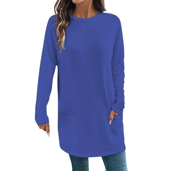 Womens Long Sleeve Tops Scoop Neck Long Sleeve Solid Color Loose Fitting Comfortable Long Sleeve Shirt with 2 Pockets Blue Size 2XL
