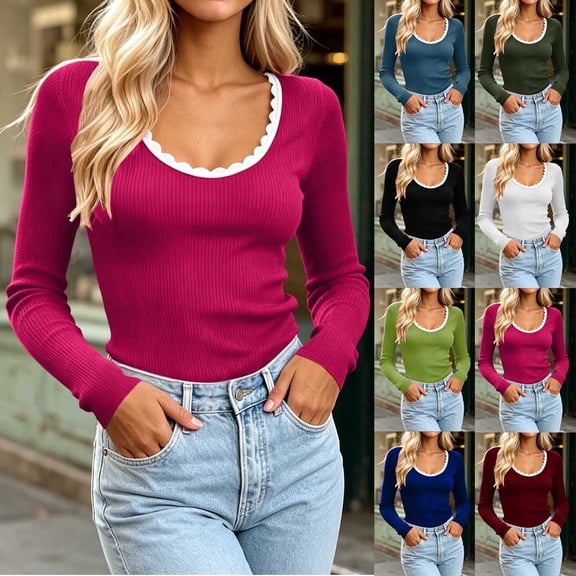 Womens Long Sleeve Tops Scoop Neck Ribbed Fall Tshirts for Women Slim Fit Cropped Basic Pullover Tees