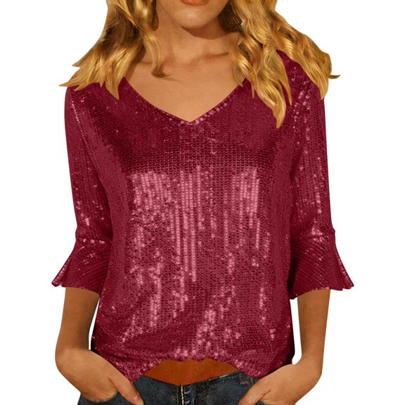 Womens Long Sleeve Tops Sequin Velvet Cut Out Half Sleeve Club Holiday Trendy Tops