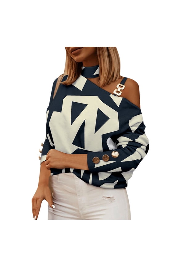 Womens Long Sleeve Tops Shirts Color Block Printed With Chain Button Fall Clothes for Women Tees Blouses Navy L