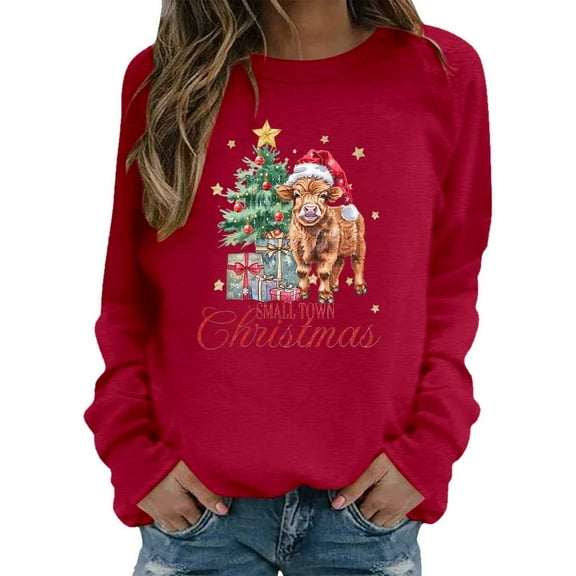 Womens Long Sleeve Tops Shirts Cow Christmas Print Sweatshirts Festive Western Graphic Pullover Casual Soft Crewneck Fall Clothes for Women Tees Blouses Red S
