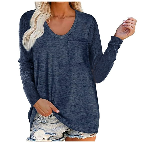 Womens Long Sleeve Tops Solid Color Casual Basic T Shirts Chest Pocketed Loose Fit Tunic Tees Tops Comfy Blouses Womens Clothes