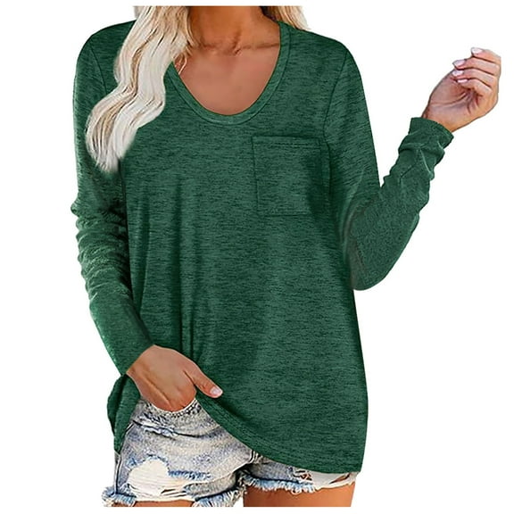 Womens Long Sleeve Tops Solid Color Casual Basic T Shirts Chest Pocketed Loose Fit Tunic Tees Tops Comfy Blouses Womens Clothes