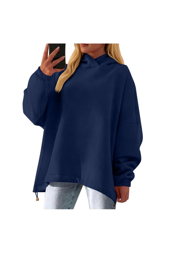 Womens Long Sleeve Tops Solid Color Hooded Sweatshirt With Adjustable Drawstring Hem Lightweight Base Layer Undershirt Tees