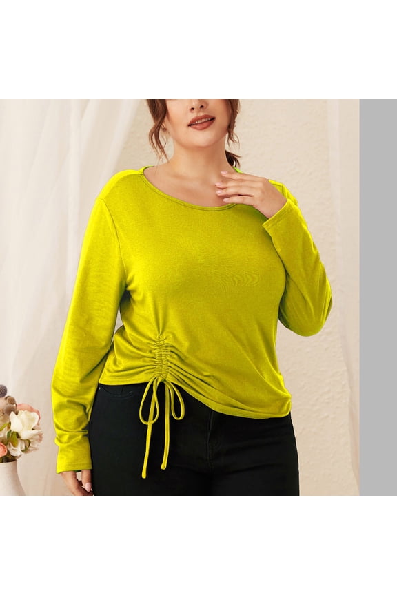 Womens Long Sleeve Tops Solid Color Long Sleeve Crew Neck Knit Drawstring Tie Top For A Adjustable Feminine Look Cute Tops For Women