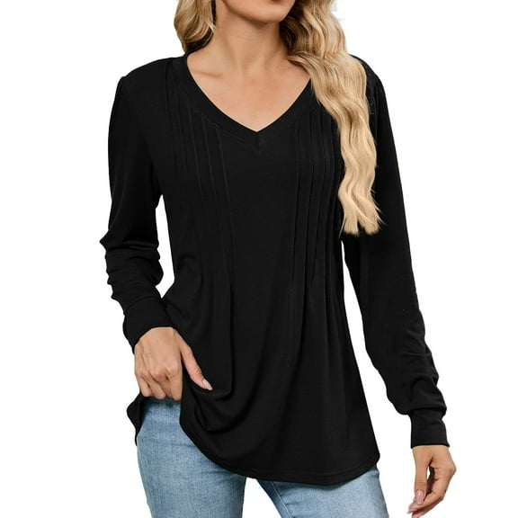 Womens Long Sleeve Tops Solid Trendy Casual V-Neck Tunic Blouses Lightweight Basic Loose Fit Going Out Business Work Shirts