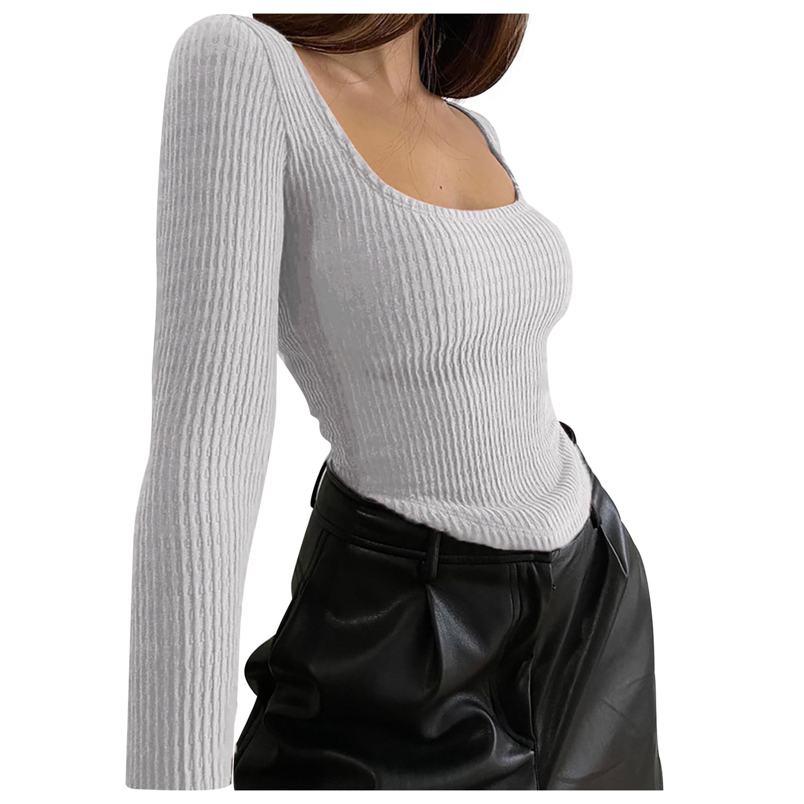 Fitted Tops Womens Long Sleeve Tops Square Neck Slim Fitted Shirts Solid Color ...